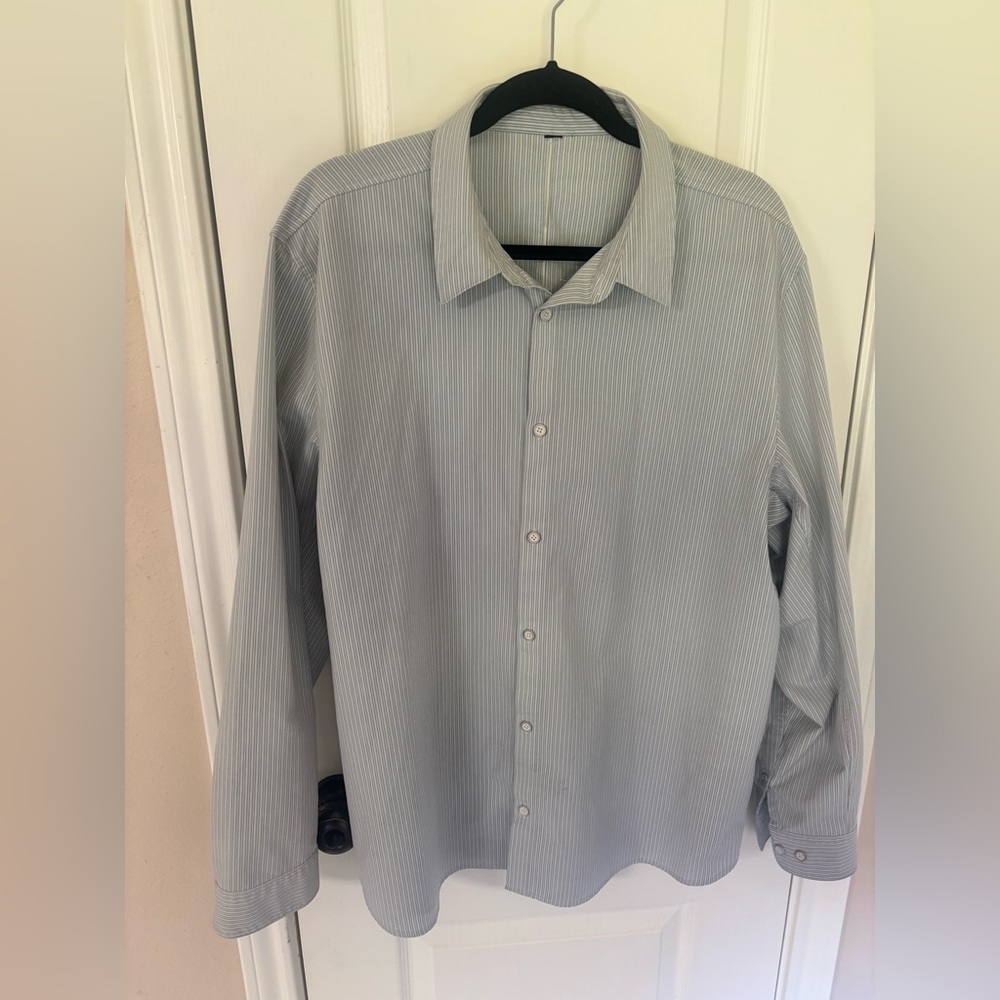 Lululemon Men's Medium Blue Pinstripe Button Dress Shirt with Inspiration Quote